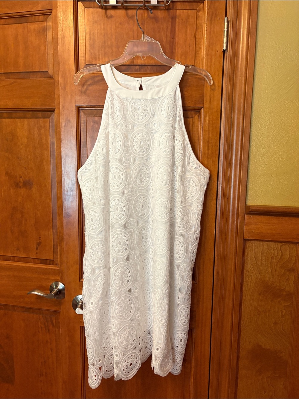 Sleeveless White Eyelet Midi Dress with High Neck